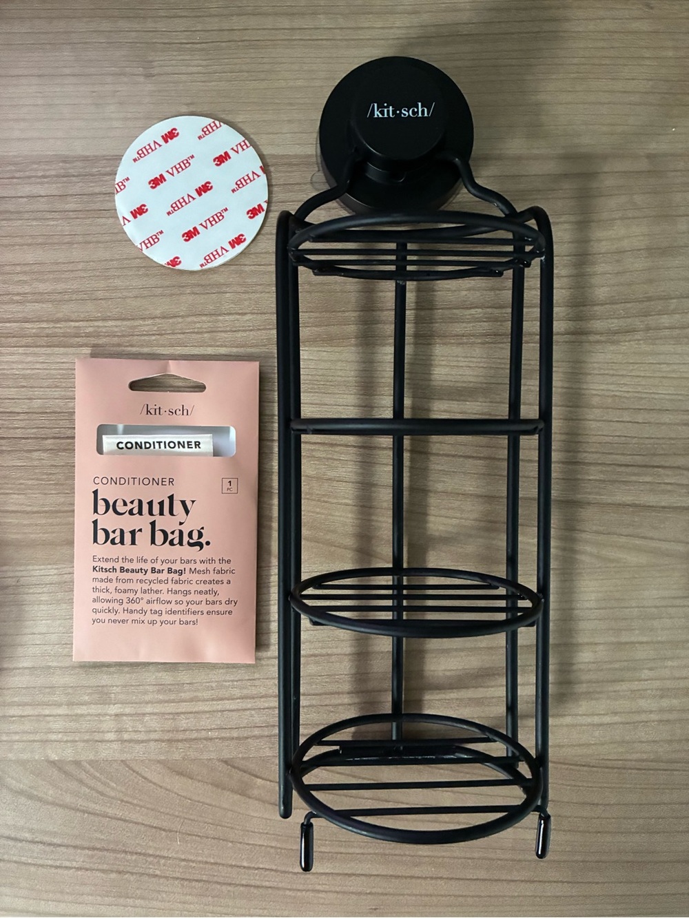 Kitsch Black Self-Draining Shower Caddy + Conditioner Bar Bag